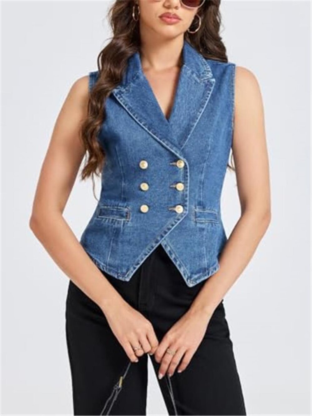 Women's Denim Vest Top Lapel V Neck Sleeveless Jean Vest - Picture 2 of 6